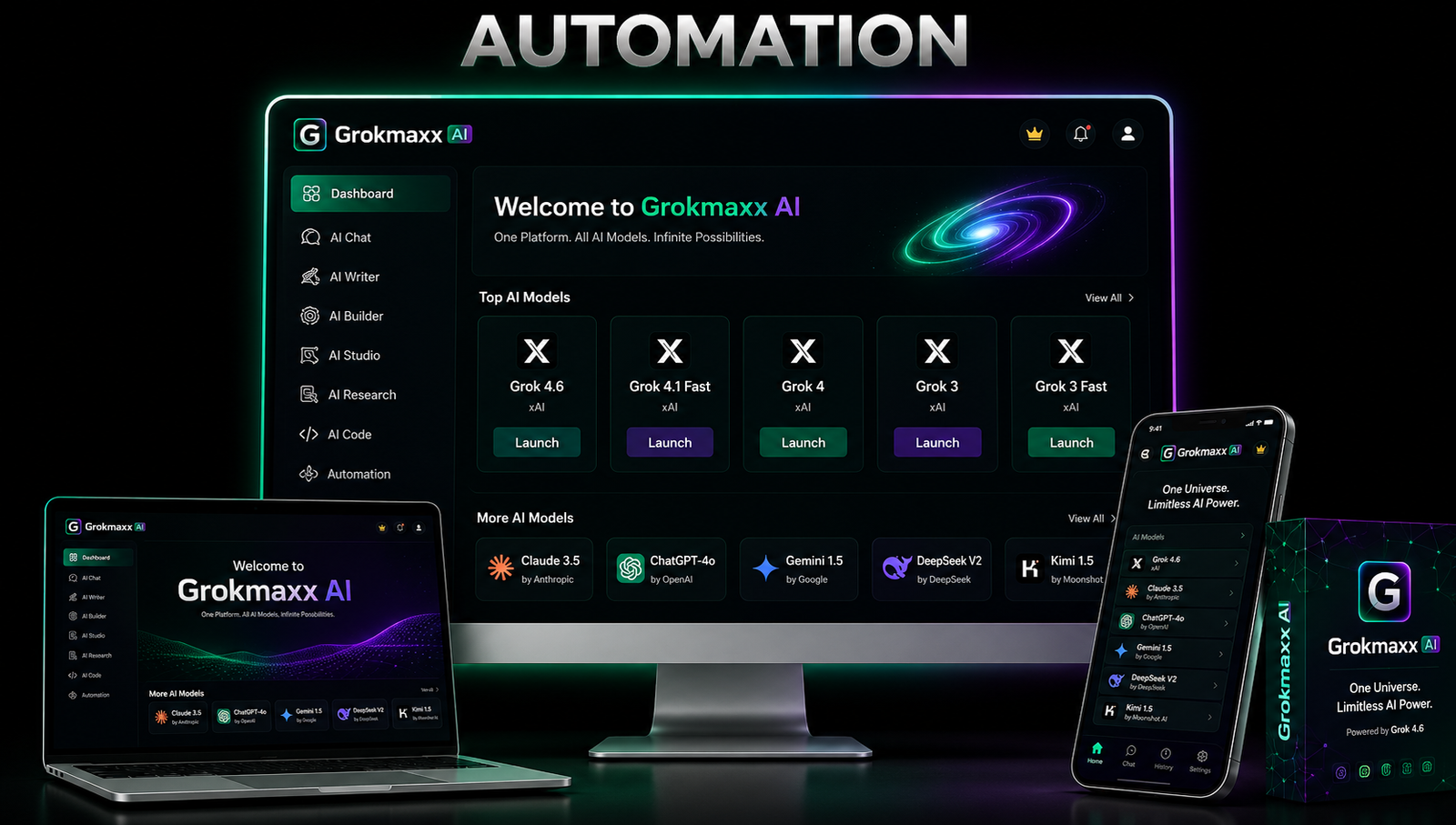 Grokmaxxx AI Product Ecosystem: Desktop, Laptop, Mobile and Software Box