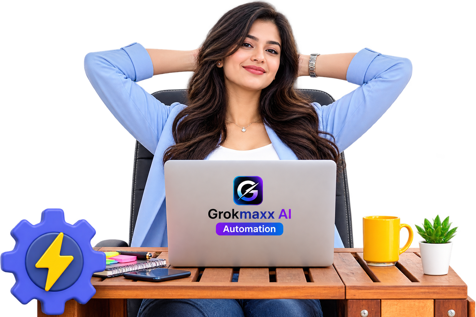 Relaxed entrepreneur enjoying full autopilot business with Grokmaxxx AI